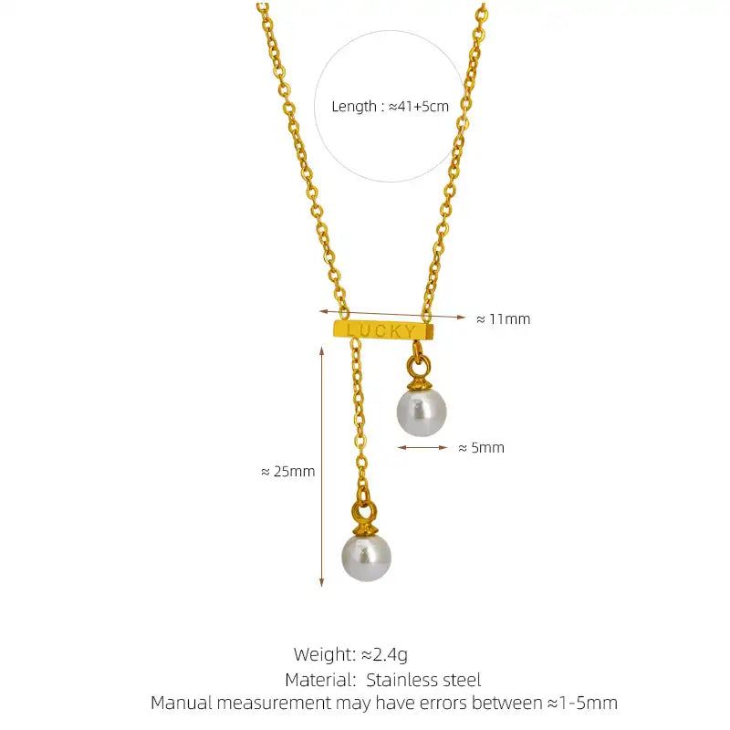LUCKY Engraved Bar Pearl Tassel Pendant Necklace / 25004040