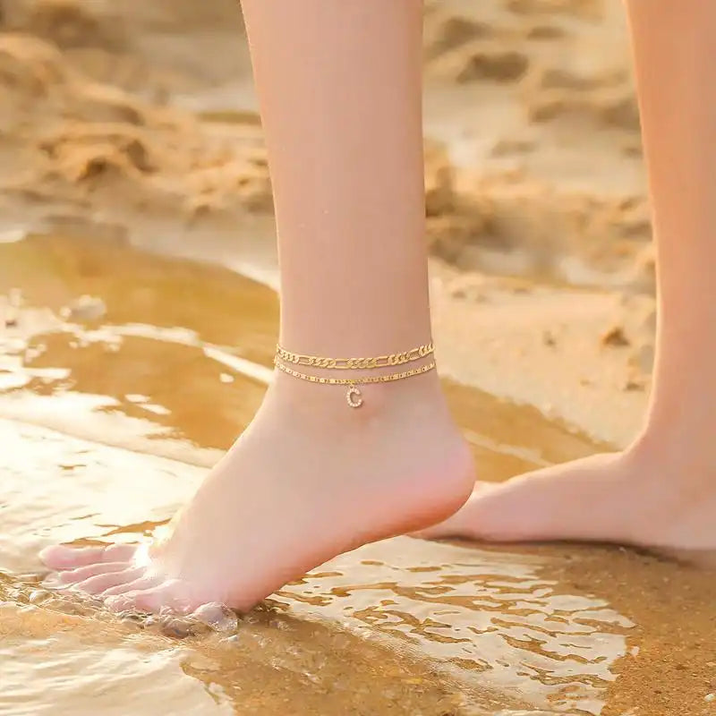 Layered Letter Ankle bracelet for Women Chain Initial Pendant Anklets / 25904001