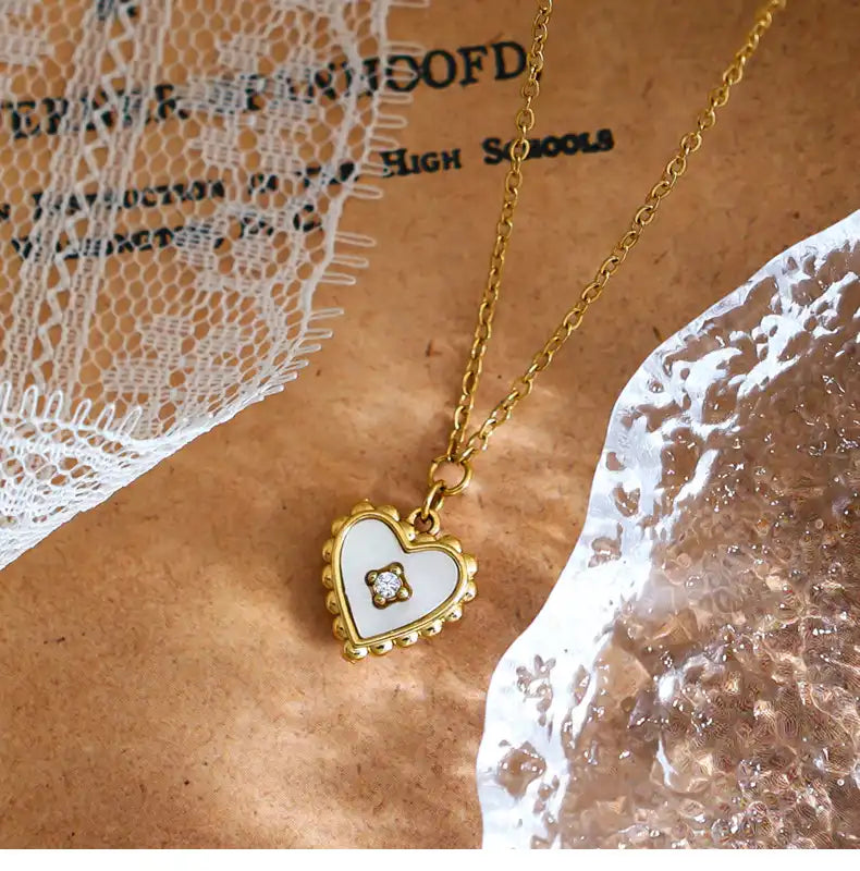 Lolita Vintage Lace Love Double-Sided Shell Rhinestone Pendant Necklace / 25004039
