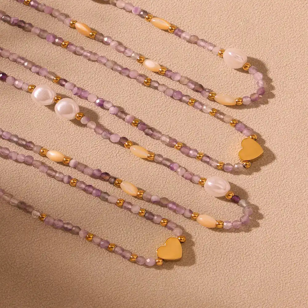 Natural stone little gold beaded heart Pendant necklace / 25004020
