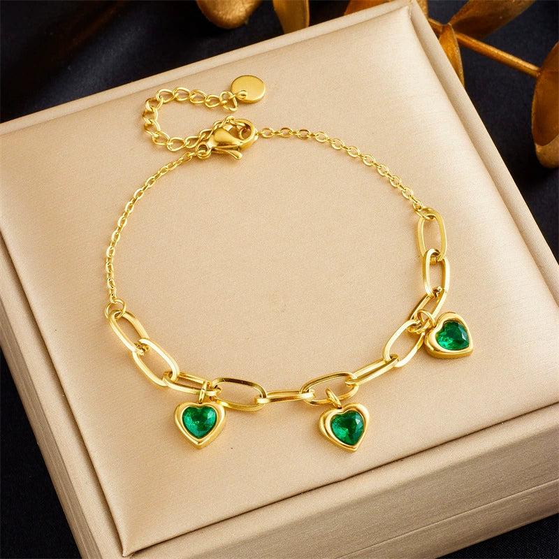 Gold Plated Stainless Steel Gemstone Inlay Heart Charm Bracelet / KB1004