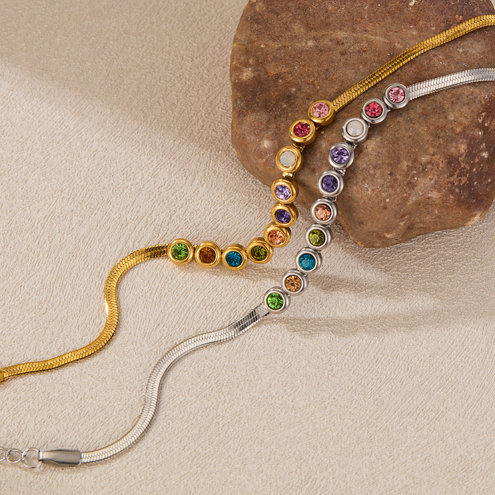 Stainless steel Minimalist chain bracelet with colored zircon for women / 25303066