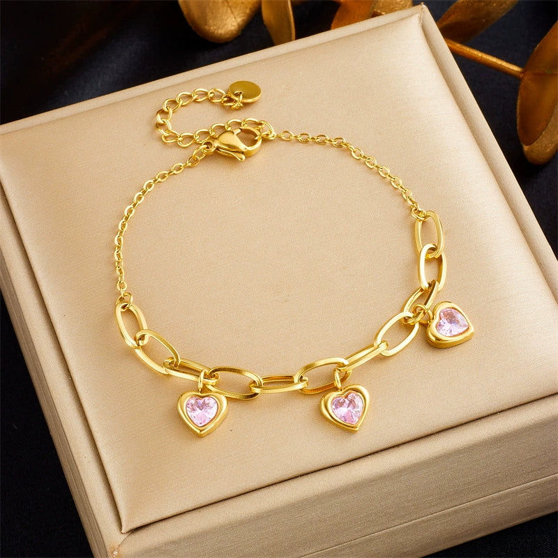 Gold Plated Stainless Steel Gemstone Inlay Heart Charm Bracelet / KB1004
