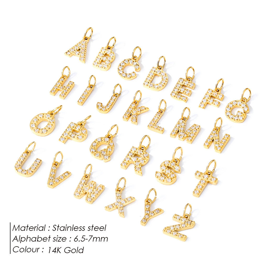 14K Gold PVD Stainless Steel A-Z Letter Rhinestone Inlay Pendant (Pk of 5 ) / KP0009