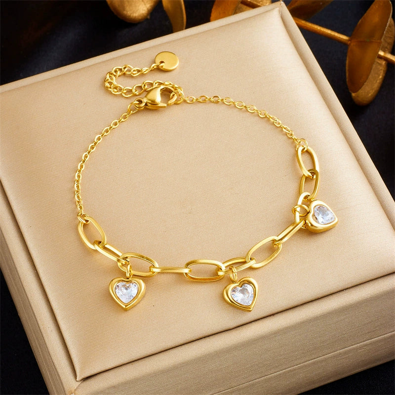 Gold Plated Stainless Steel Gemstone Inlay Heart Charm Bracelet / KB1004