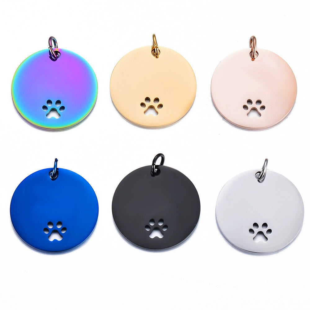 Stainless Steel Engravable Hollow Paw Round Cat Dog Tags ( pk of 10 ) / KT0020