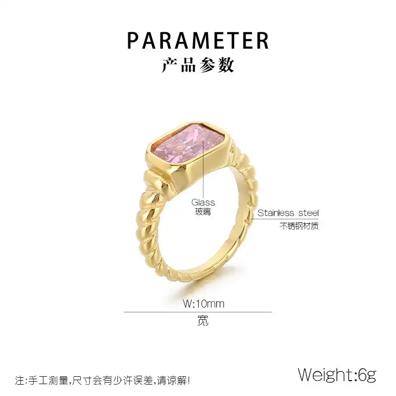 Stainless Steel Glass Gemstone Solitaire Ring / KR0010