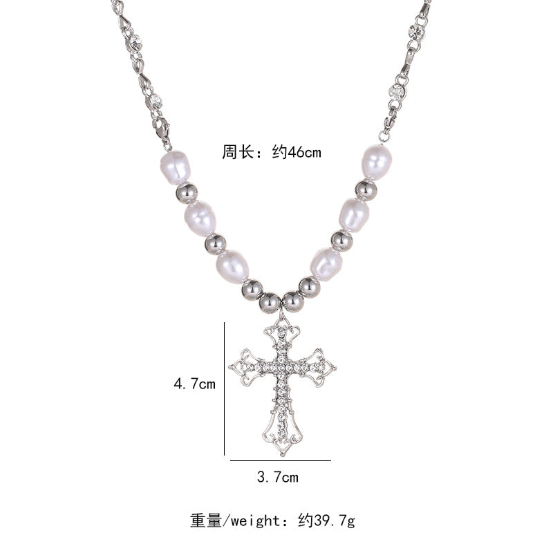 Stainless Steel Retro Cross-border Pendant Pearl Beaded Necklace /KJ0157