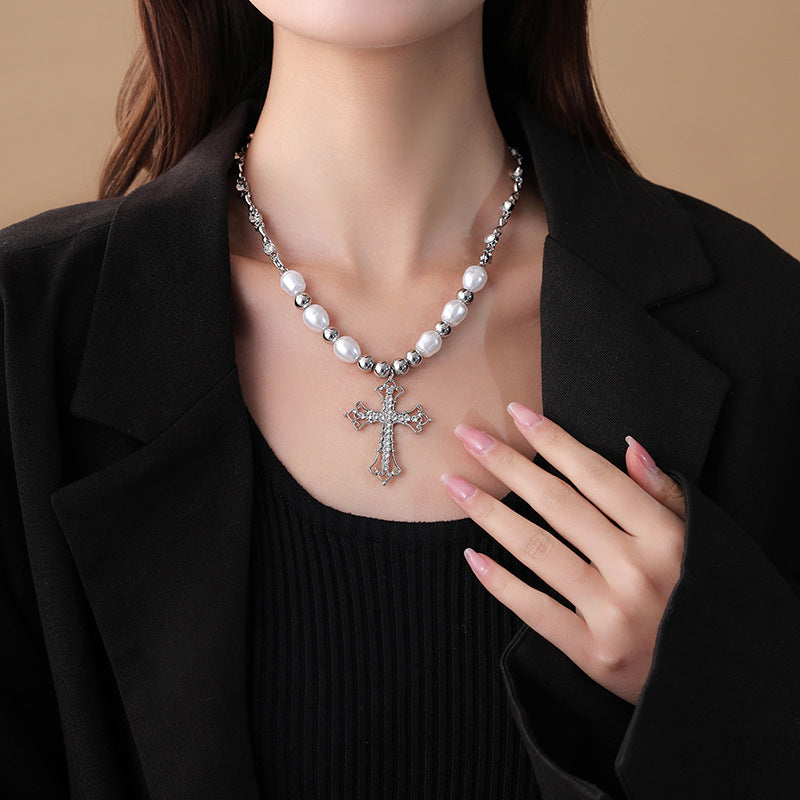 Stainless Steel Retro Cross-border Pendant Pearl Beaded Necklace /KJ0157