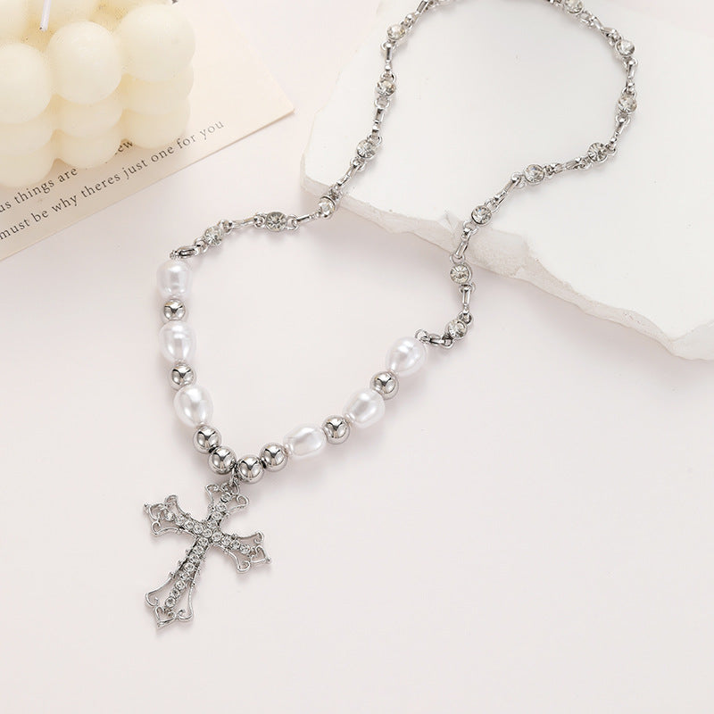 Stainless Steel Retro Cross-border Pendant Pearl Beaded Necklace /KJ0157