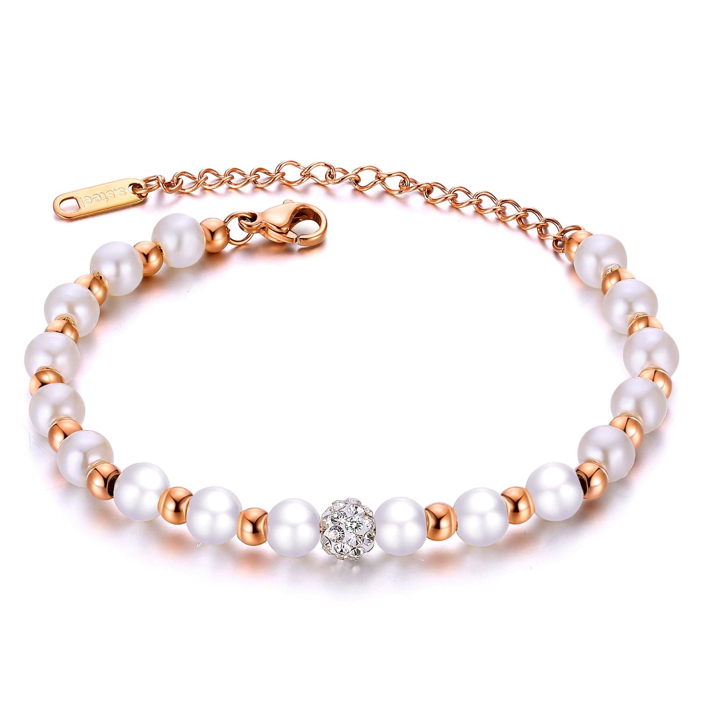 Rose Gold Plated Stainless Steel Pearl Beaded Bracelet / KB3014