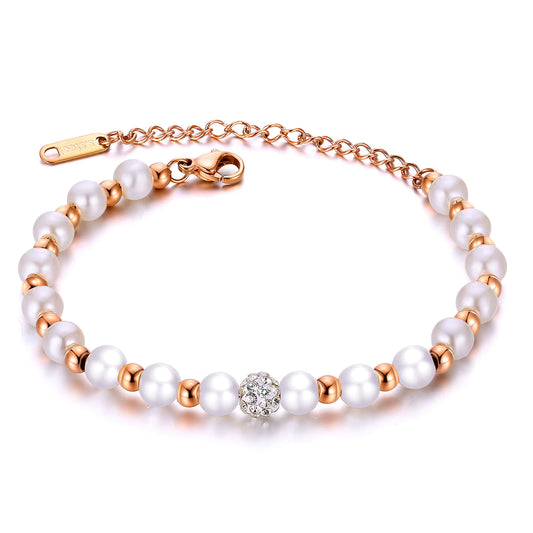 Rose Gold Plated Stainless Steel Pearl Beaded Bracelet / KB3014