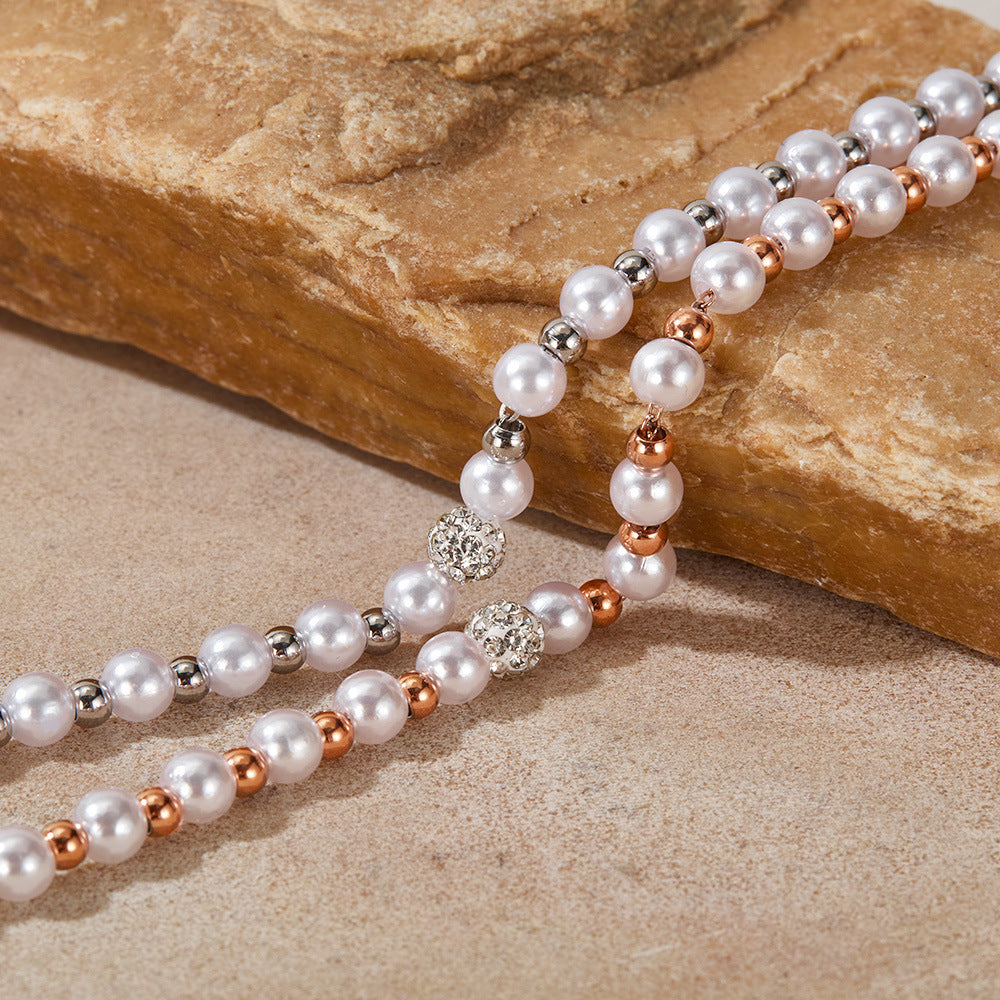 Rose Gold Plated Stainless Steel Pearl Beaded Bracelet / KB3014