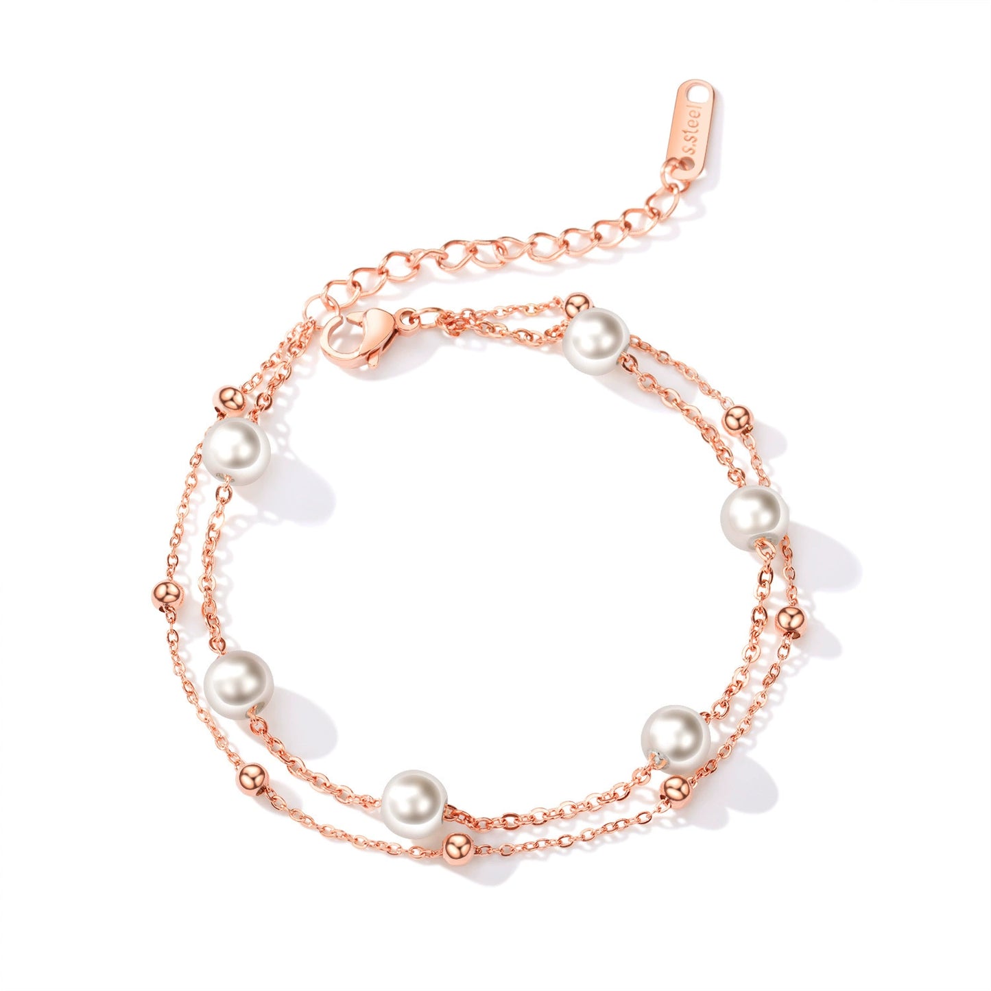 Rose Gold Stainless Steel Pearl Beaded Chain Bracelet / KB0015