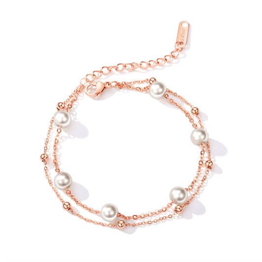 Rose Gold Stainless Steel Pearl Beaded Chain Bracelet / KB0015