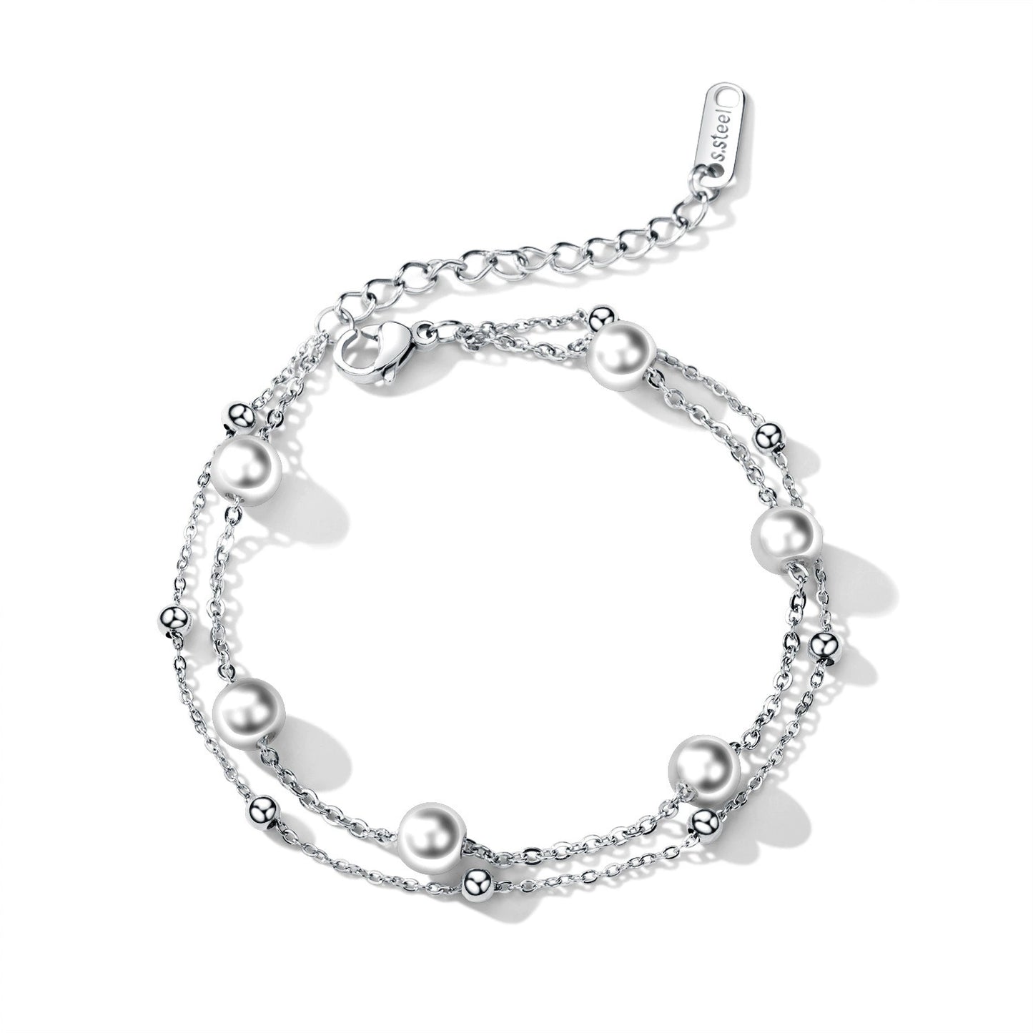 Rose Gold Stainless Steel Pearl Beaded Chain Bracelet / KB0015