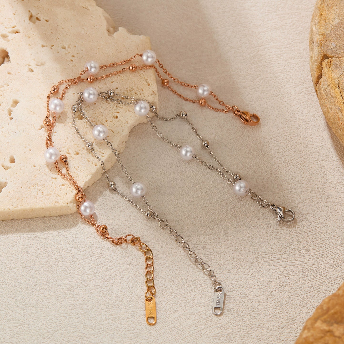 Rose Gold Stainless Steel Pearl Beaded Chain Bracelet / KB0015