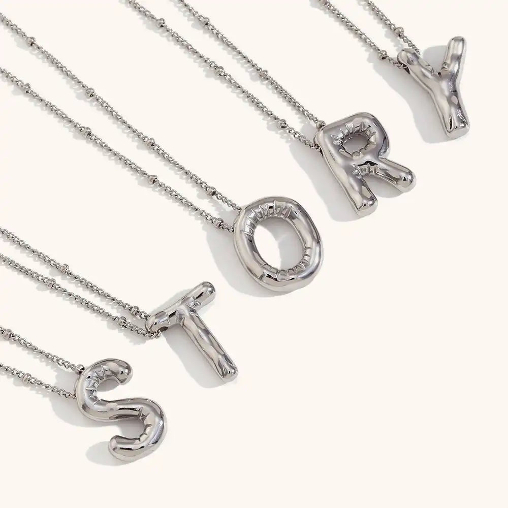 Silver Plated Stainless Steel Bubble Letter Initial Pendant Necklace / KN1023