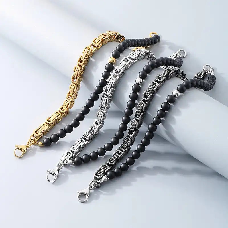 Stainless Steel Byzantine Chain Black Agate Beaded Bracelet / KB3017