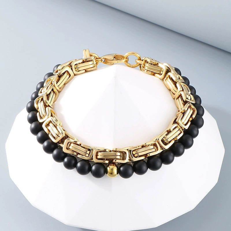 Stainless Steel Byzantine Chain Black Agate Beaded Bracelet / KB3017