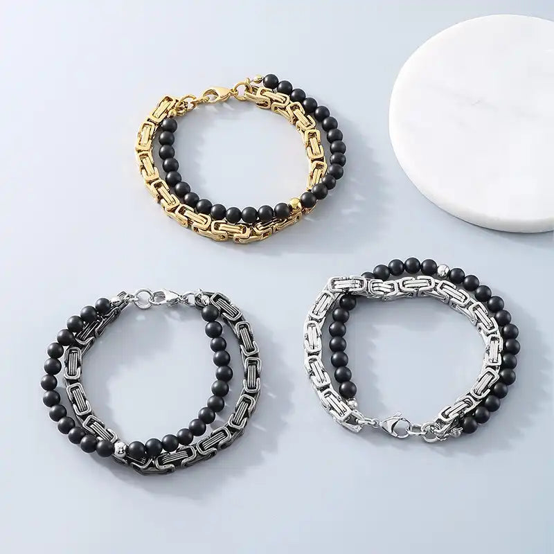 Stainless Steel Byzantine Chain Black Agate Beaded Bracelet / KB3017