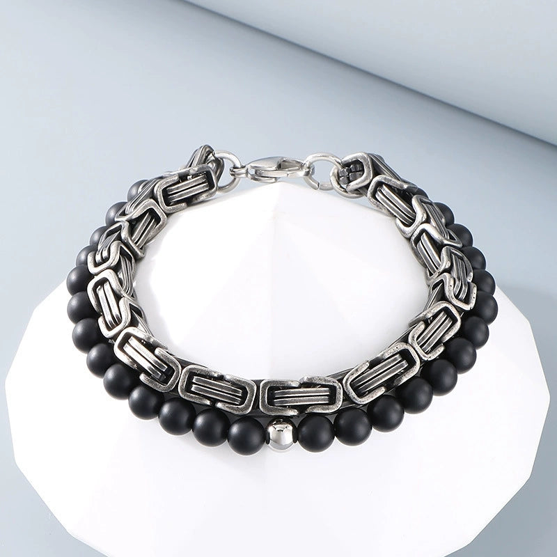 Stainless Steel Byzantine Chain Black Agate Beaded Bracelet / KB3017
