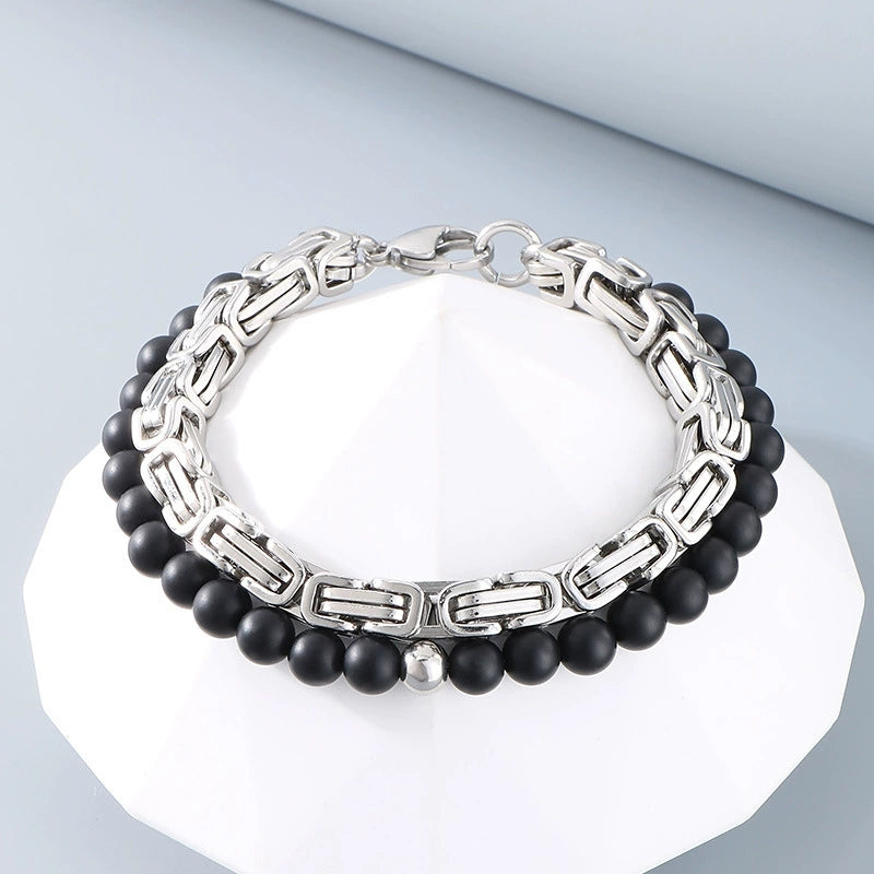Stainless Steel Byzantine Chain Black Agate Beaded Bracelet / KB3017