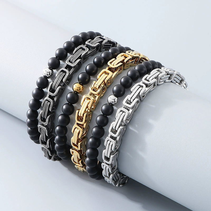 Stainless Steel Byzantine Chain Black Agate Beaded Bracelet / KB3017