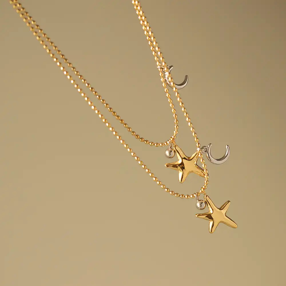 Stainless Steel Beaded Sun Moon Charm Necklace / 25004002