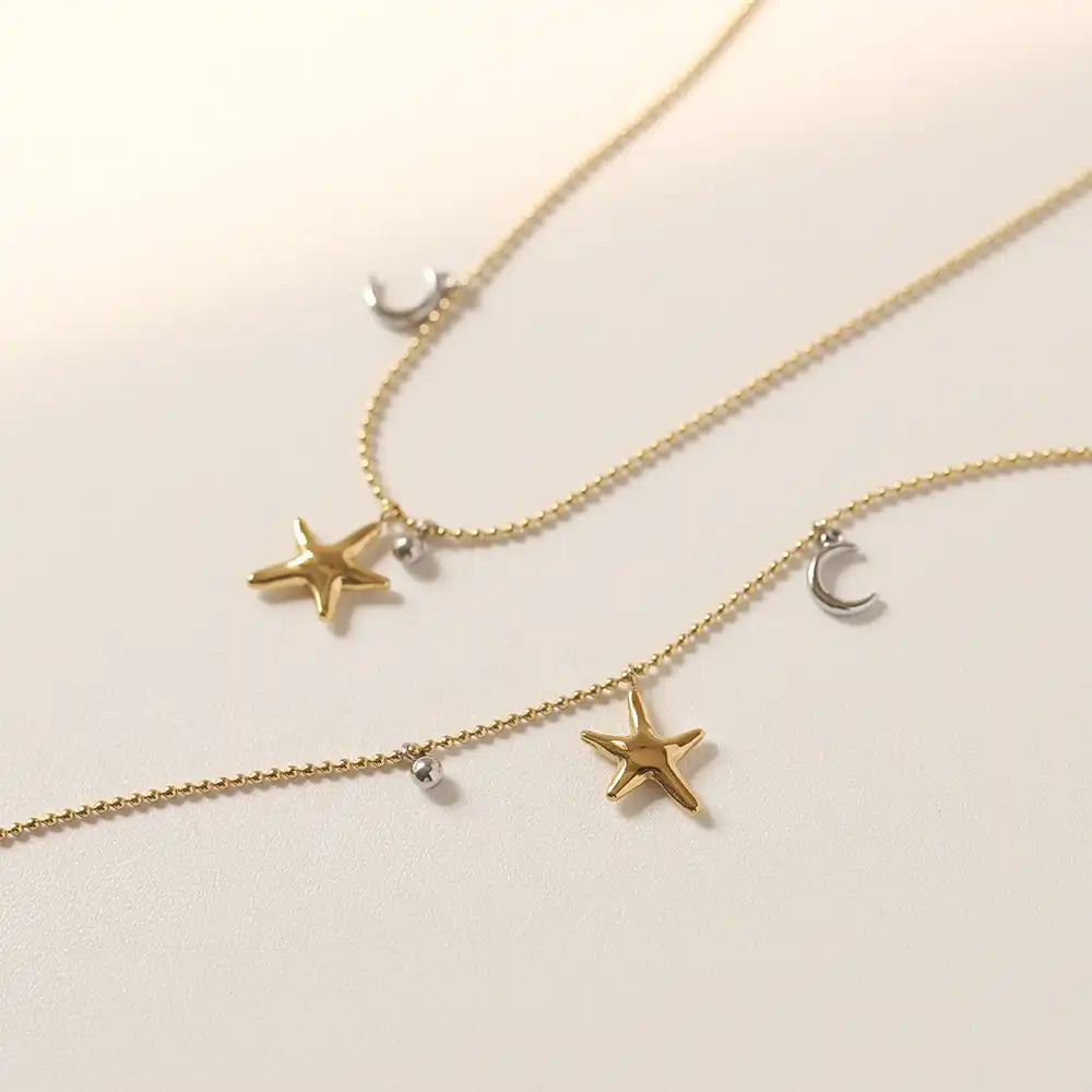 Stainless Steel Beaded Sun Moon Charm Necklace / 25004002