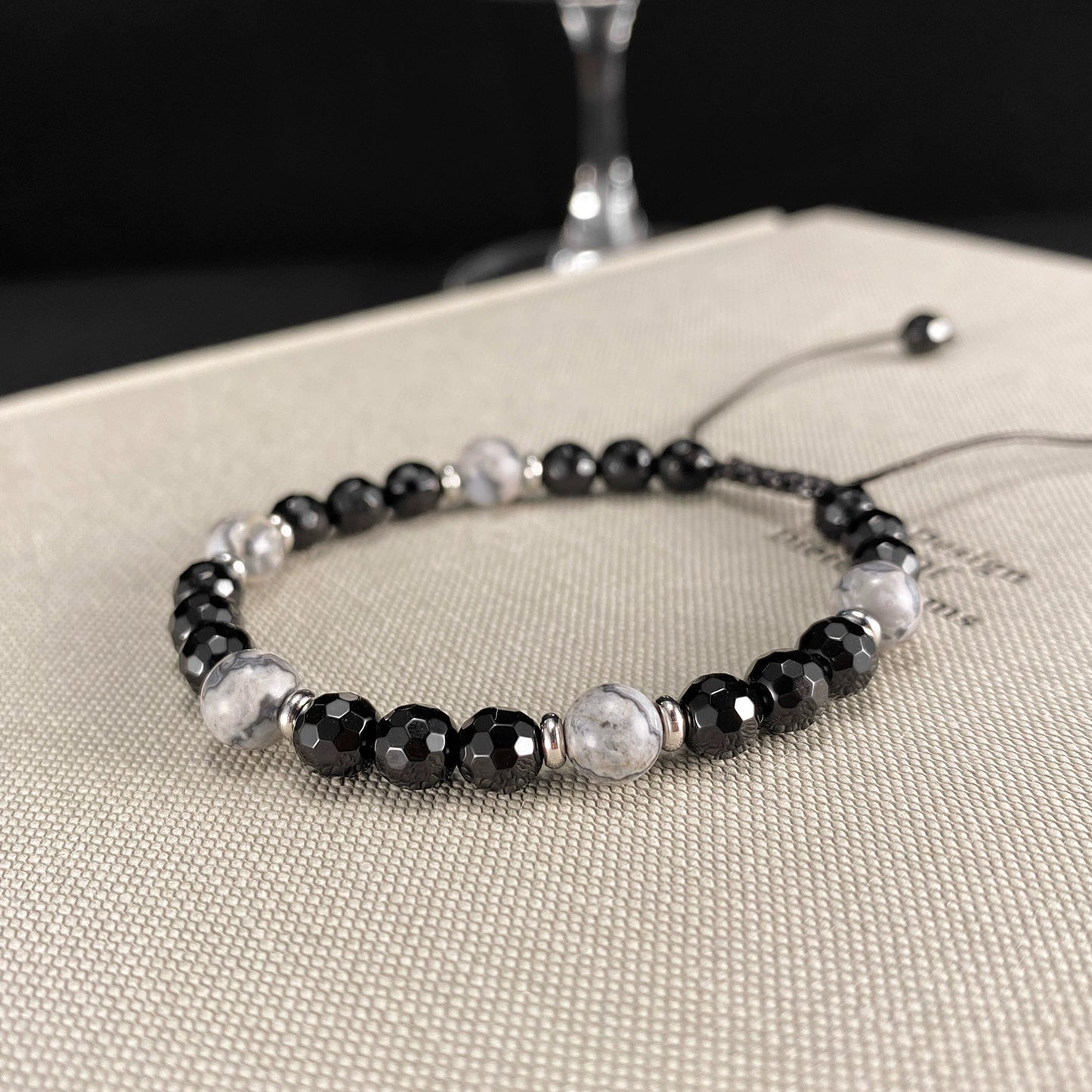 Stainless Steel Black Agate Spliced Map Adjustable Beaded Bracelet / KB3018