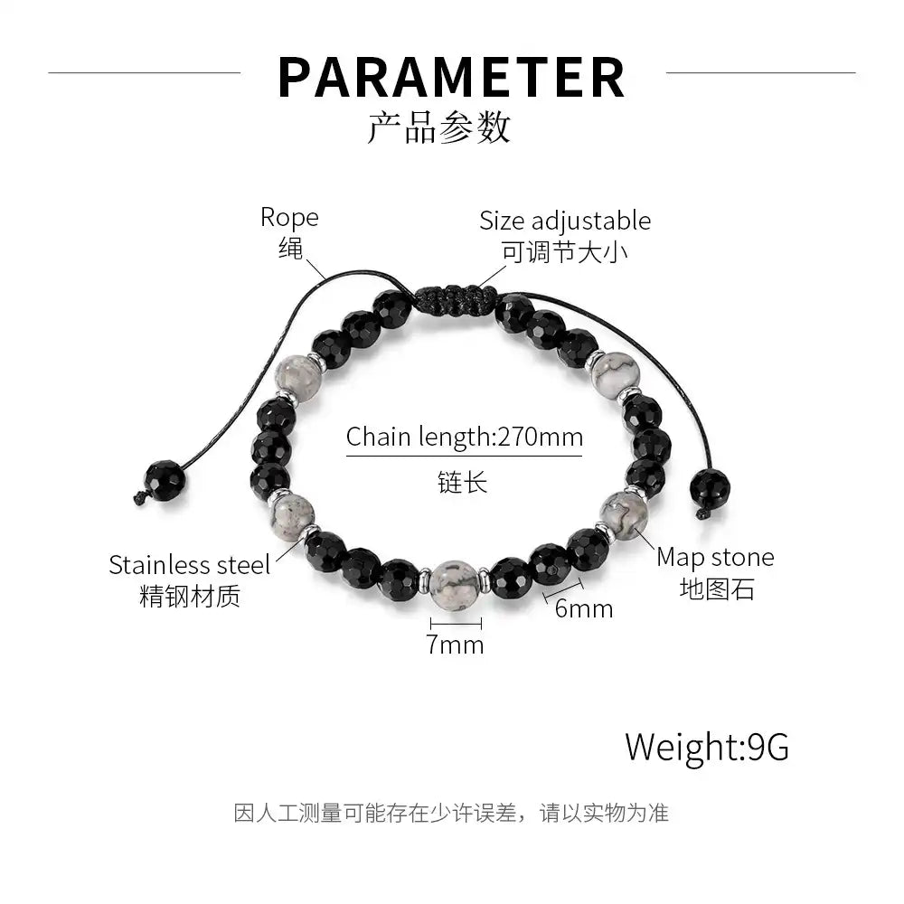Stainless Steel Black Agate Spliced Map Adjustable Beaded Bracelet / KB3018