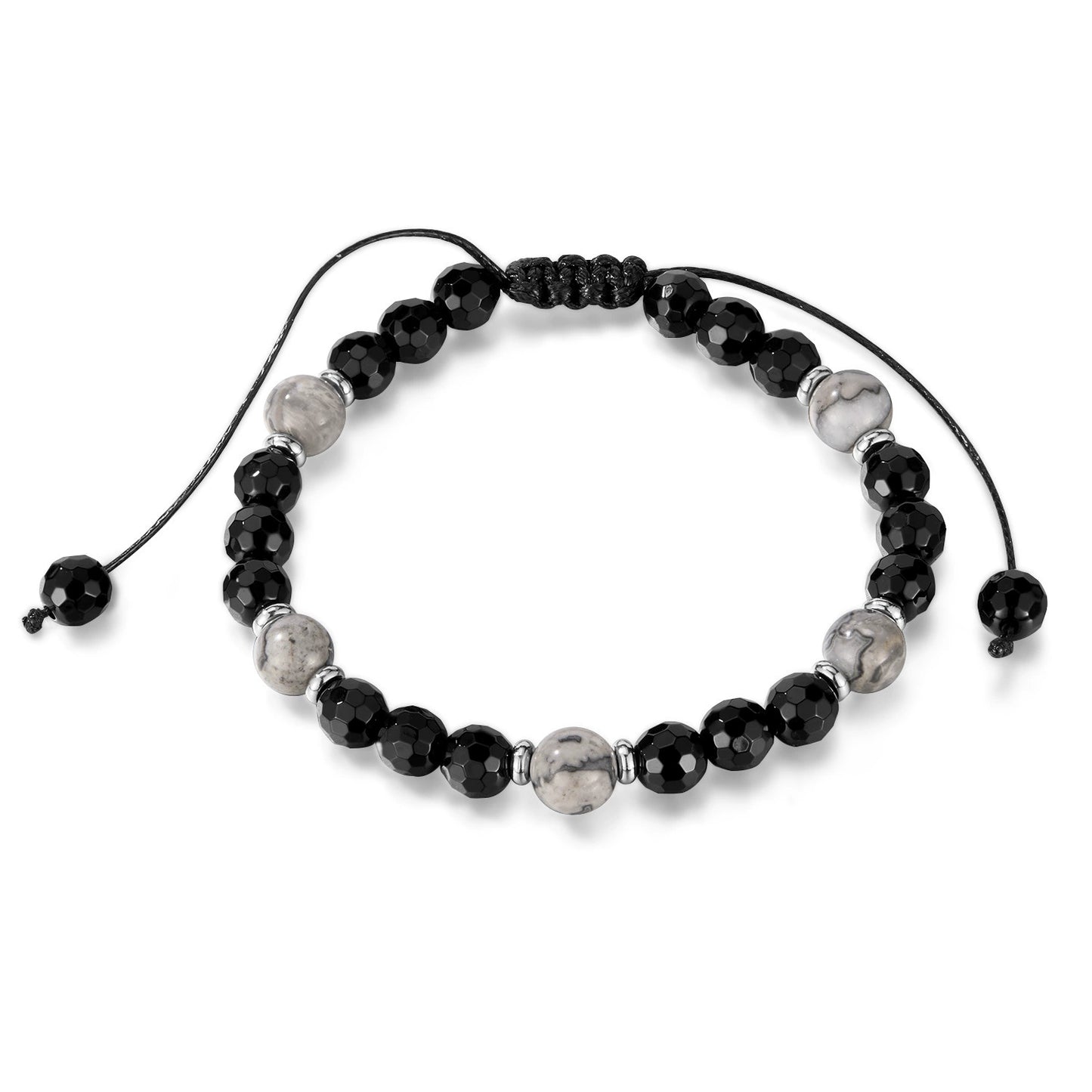 Stainless Steel Black Agate Spliced Map Adjustable Beaded Bracelet / KB3018