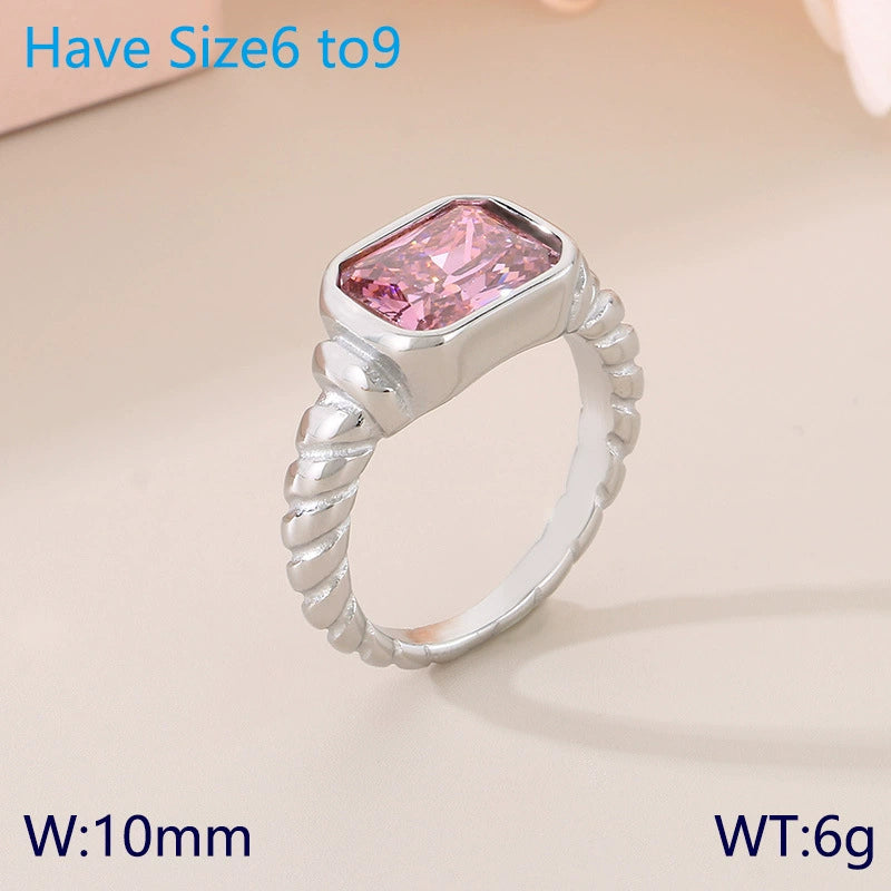 Stainless Steel Glass Gemstone Solitaire Ring / KR0010
