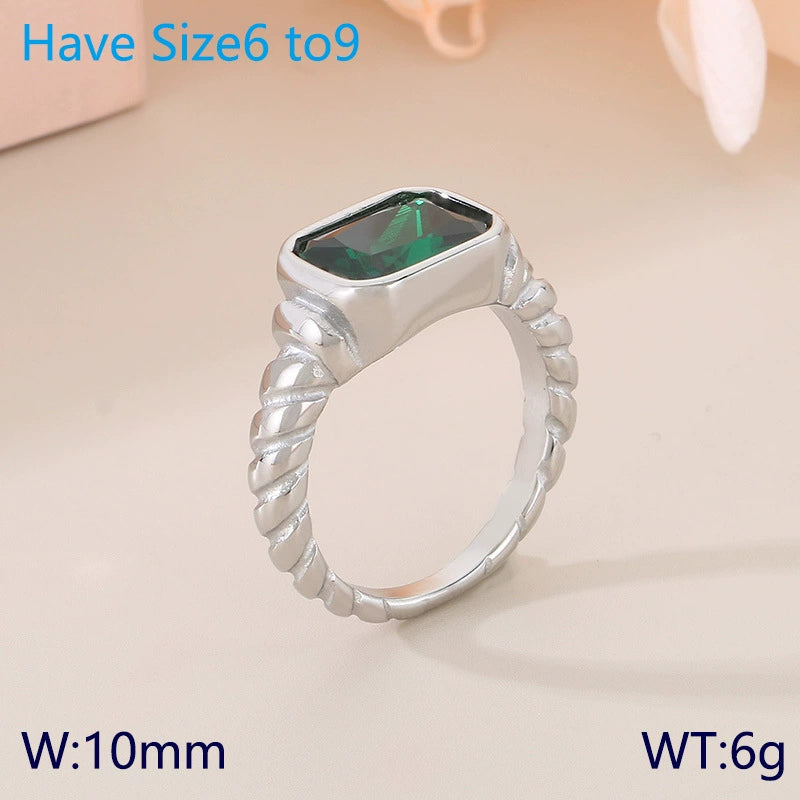 Stainless Steel Glass Gemstone Solitaire Ring / KR0010