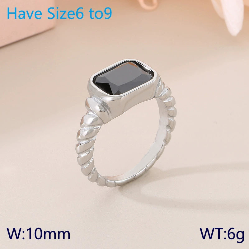 Stainless Steel Glass Gemstone Solitaire Ring / KR0010