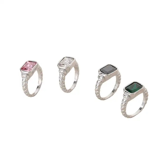 Stainless Steel Glass Gemstone Solitaire Ring / KR0010