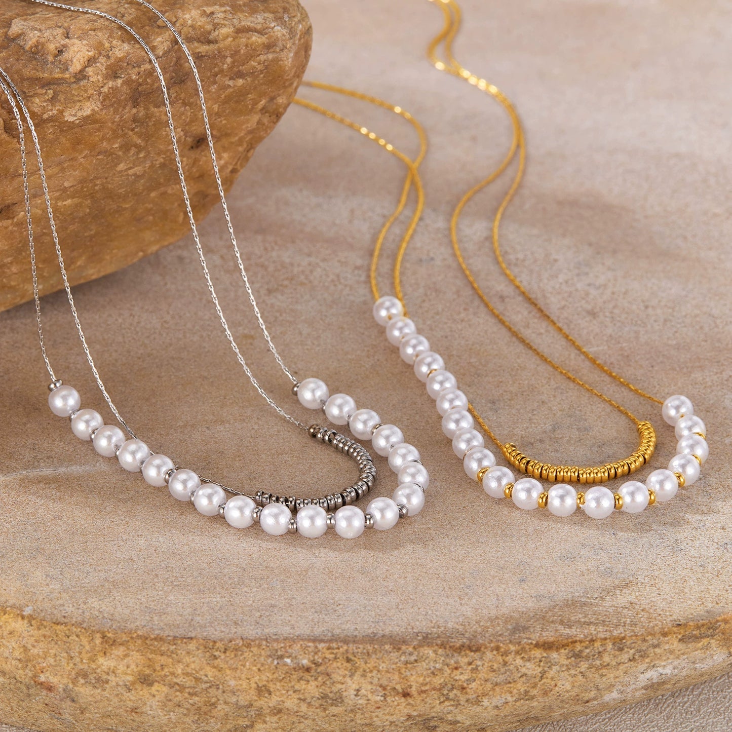 Stainless Steel Multi-Strand Pearl Beaded Chain Necklaces / KN0002