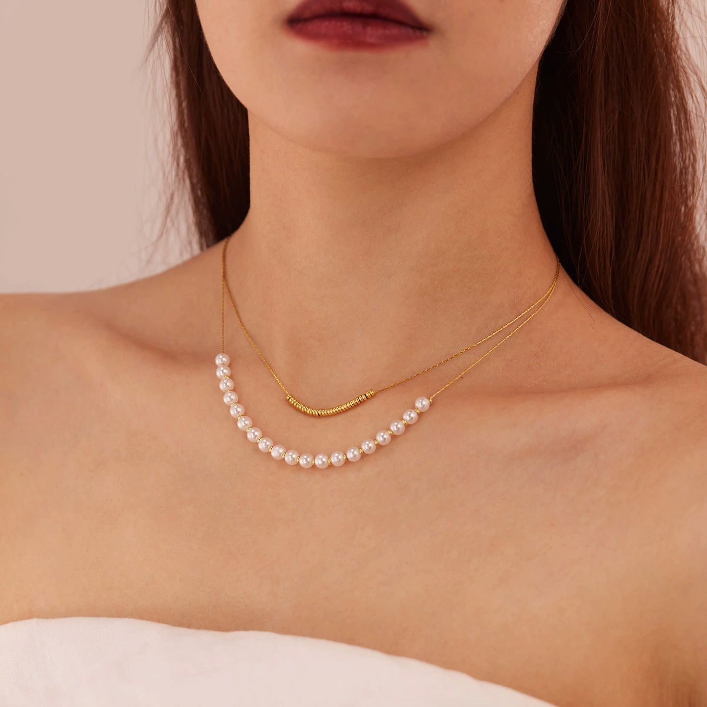 Stainless Steel Multi-Strand Pearl Beaded Chain Necklaces / KN0002