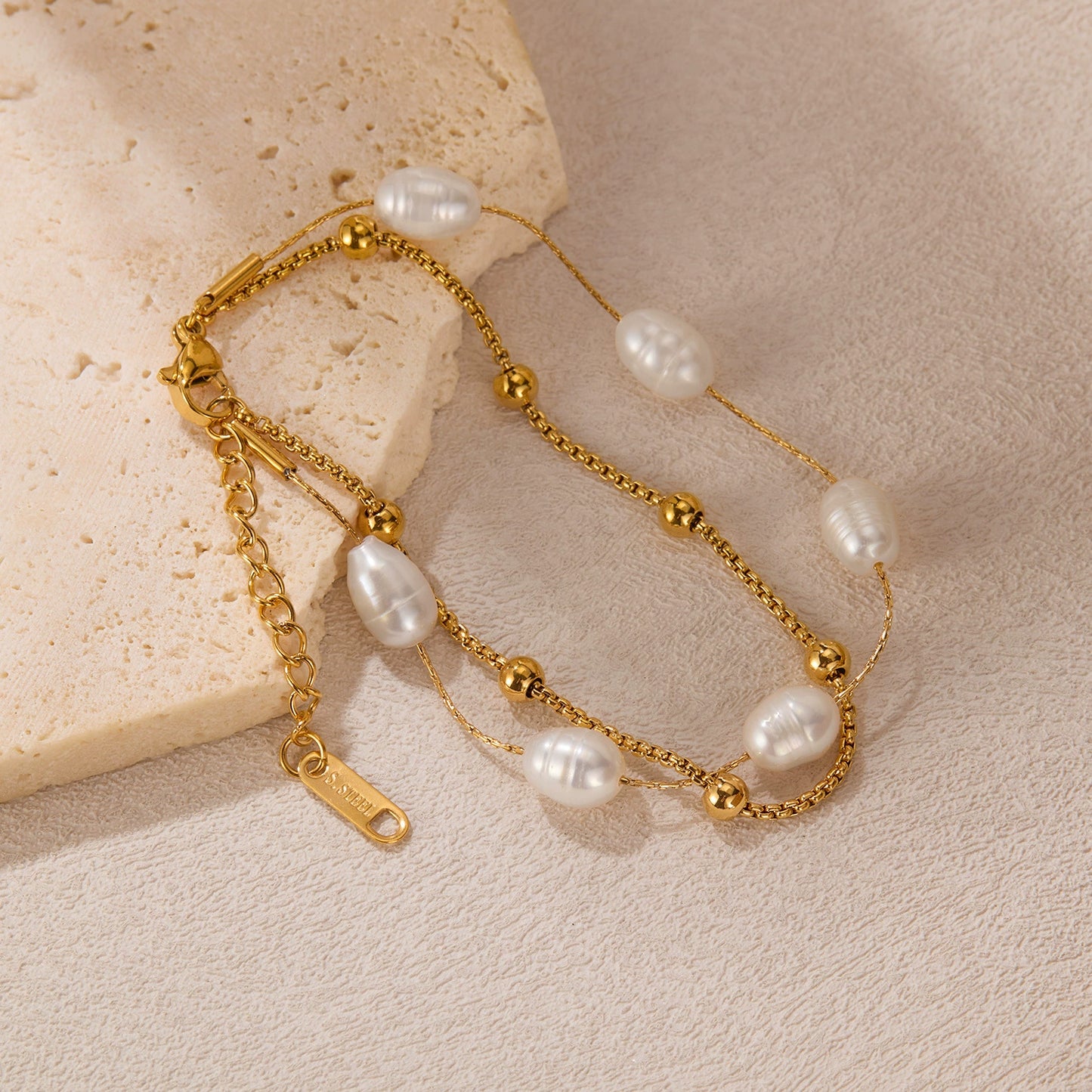 Stainless Steel Pearl Beaded Chain Bracelet / 25303067