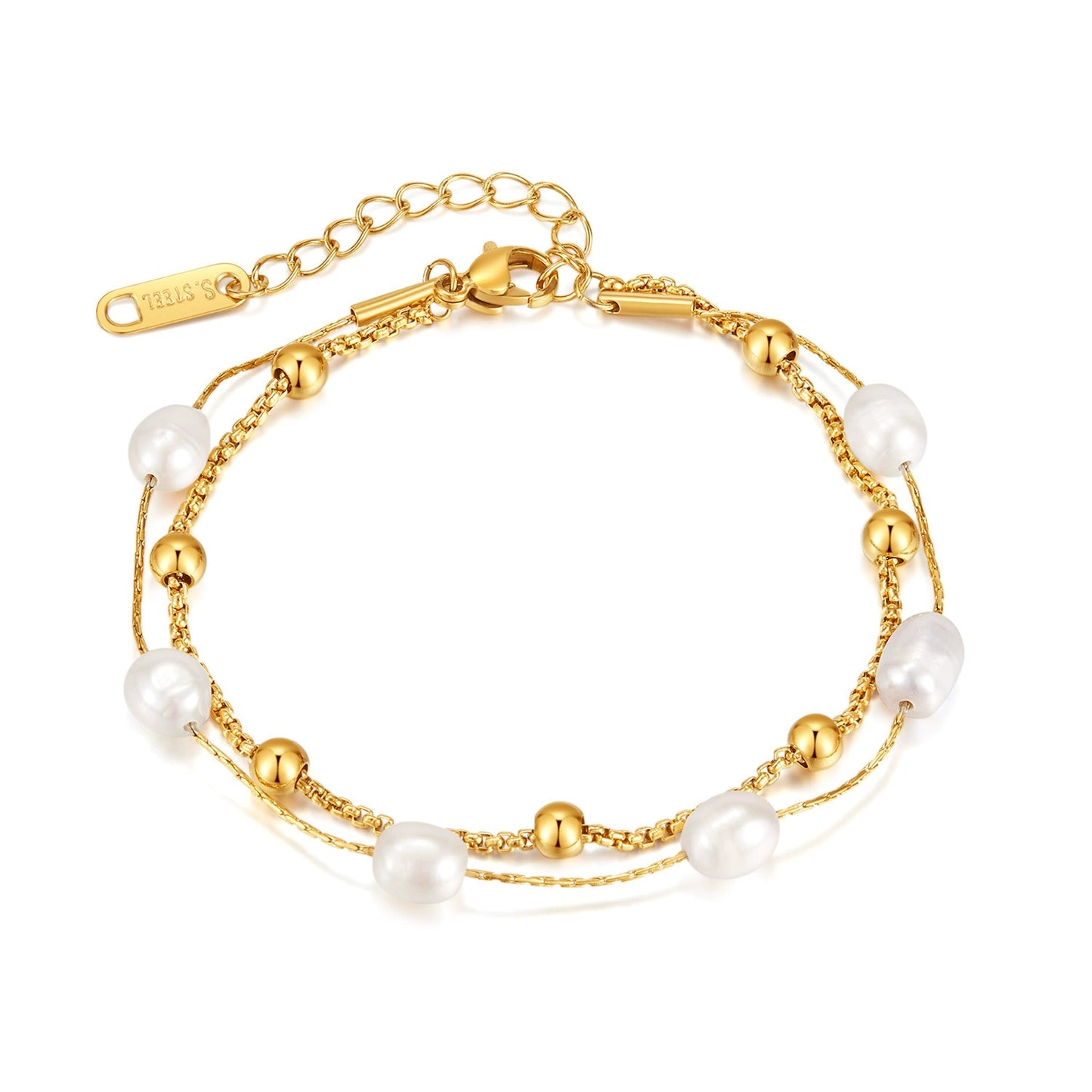 Stainless Steel Pearl Beaded Chain Bracelet / 25303067