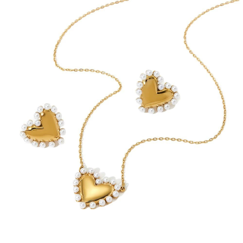 Stainless Steel Pearl Heart Earrings and Necklace / 25003043
