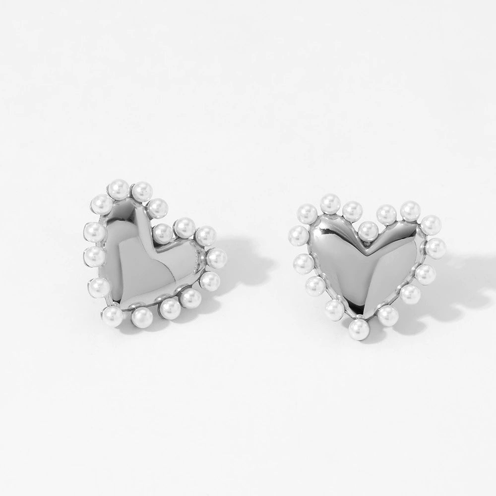 Stainless Steel Pearl Heart Earrings and Necklace / 25003043