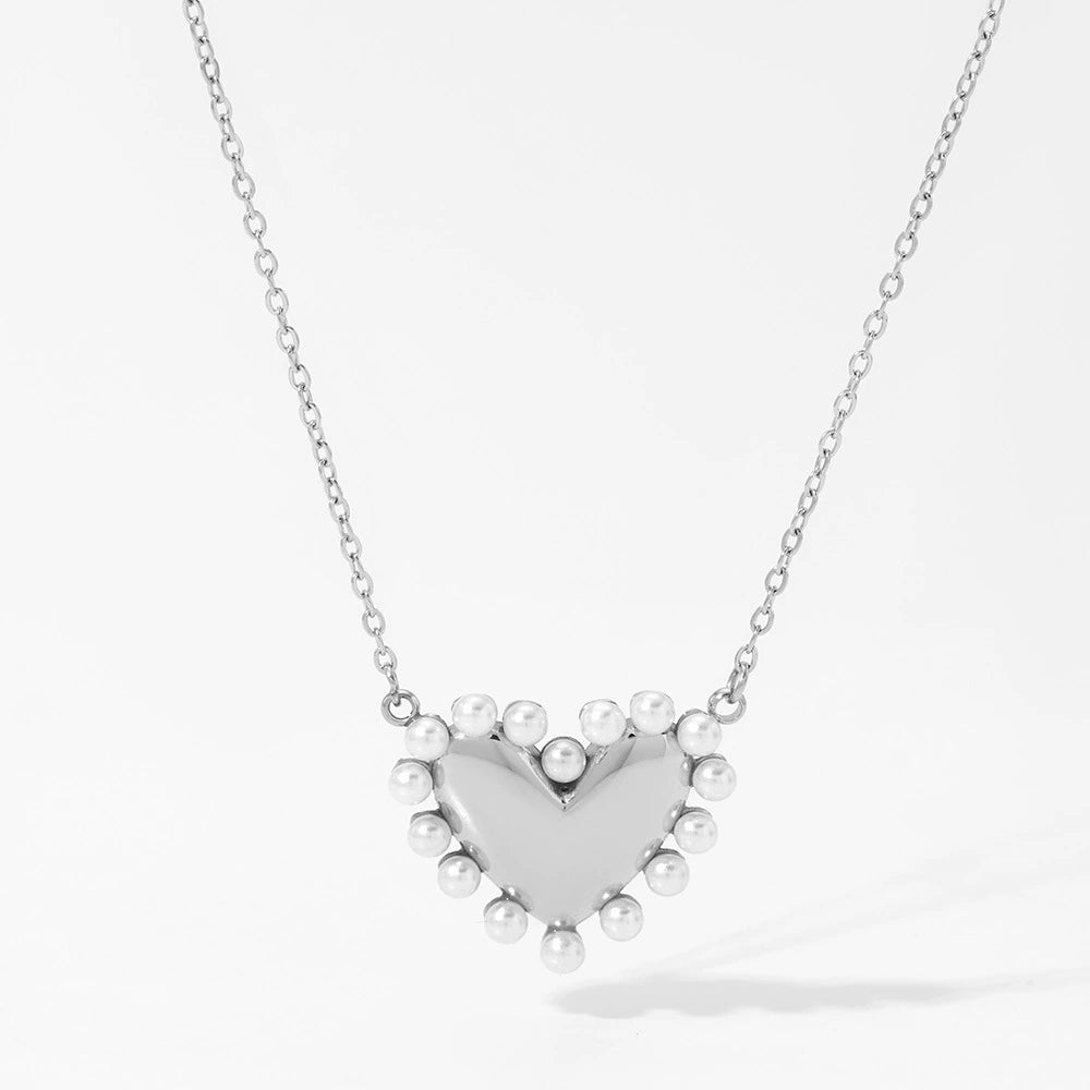 Stainless Steel Pearl Heart Earrings and Necklace / 25003043
