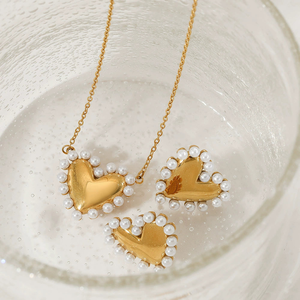Stainless Steel Pearl Heart Earrings and Necklace / 25003043