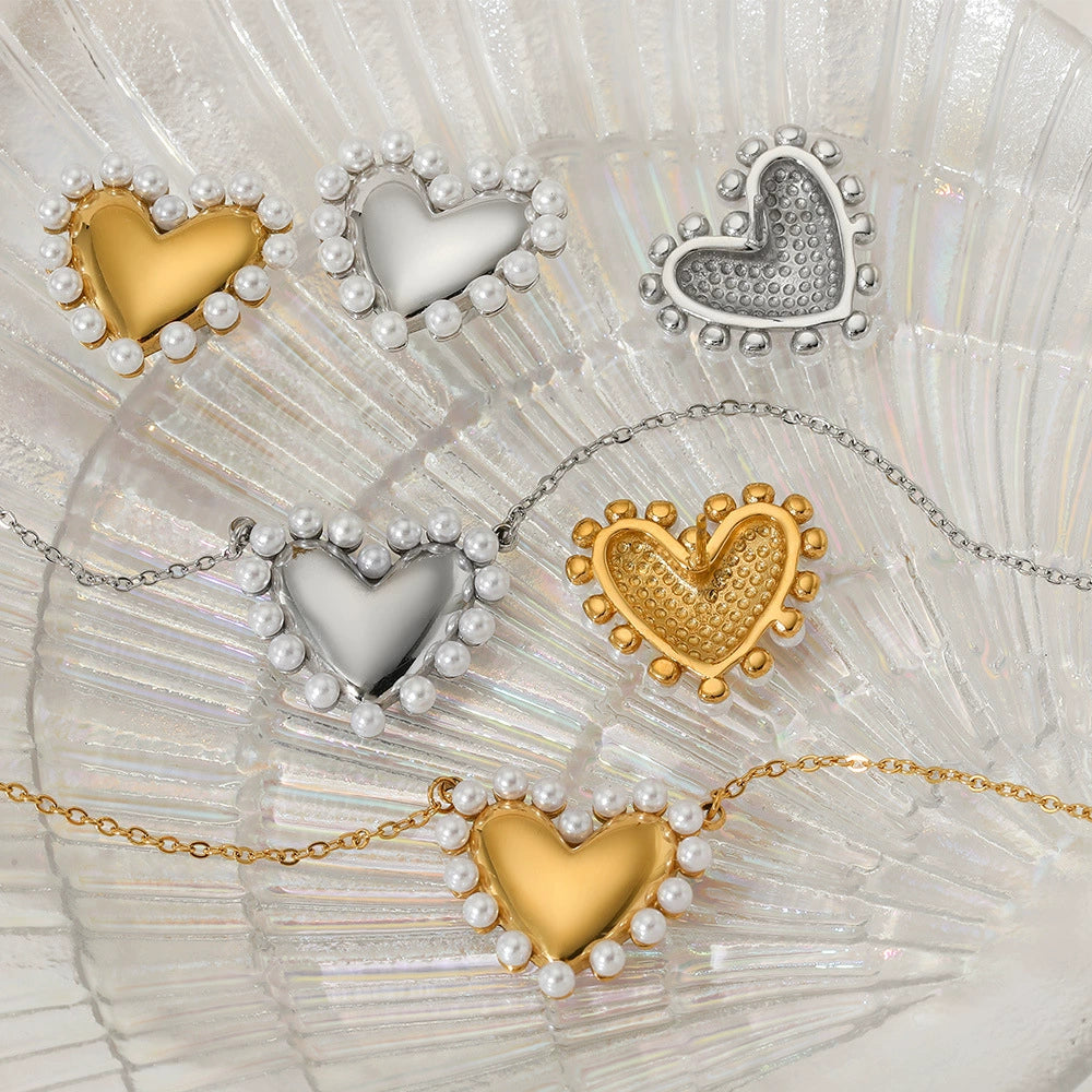 Stainless Steel Pearl Heart Earrings and Necklace / 25003043