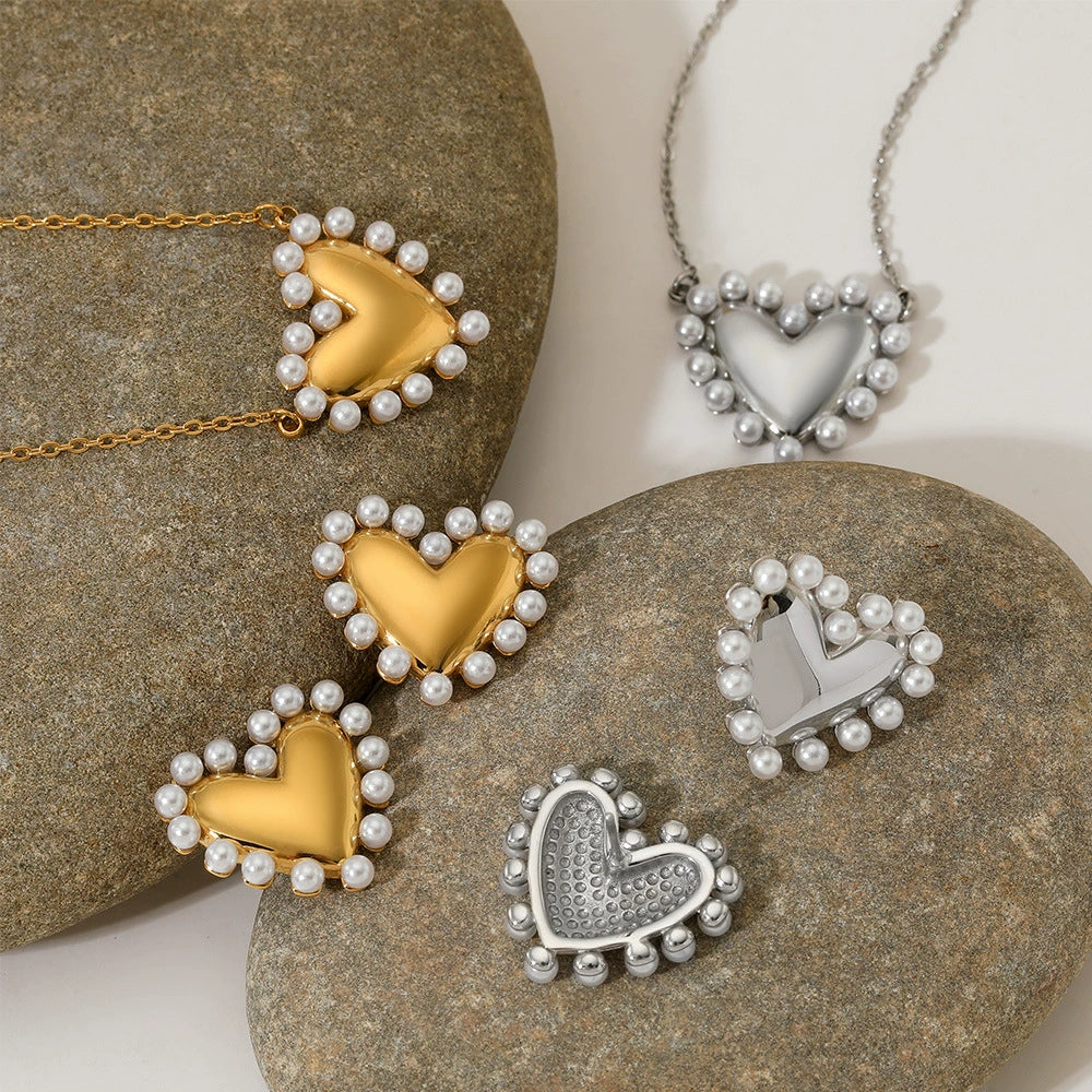 Stainless Steel Pearl Heart Earrings and Necklace / 25003043