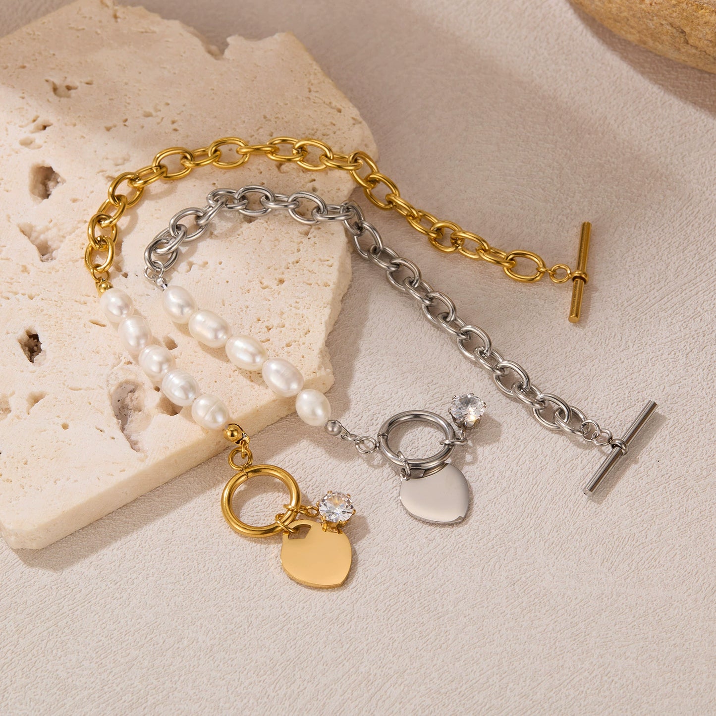 Stainless Steel Pearl Jointed Chain Bracelet / KB0016