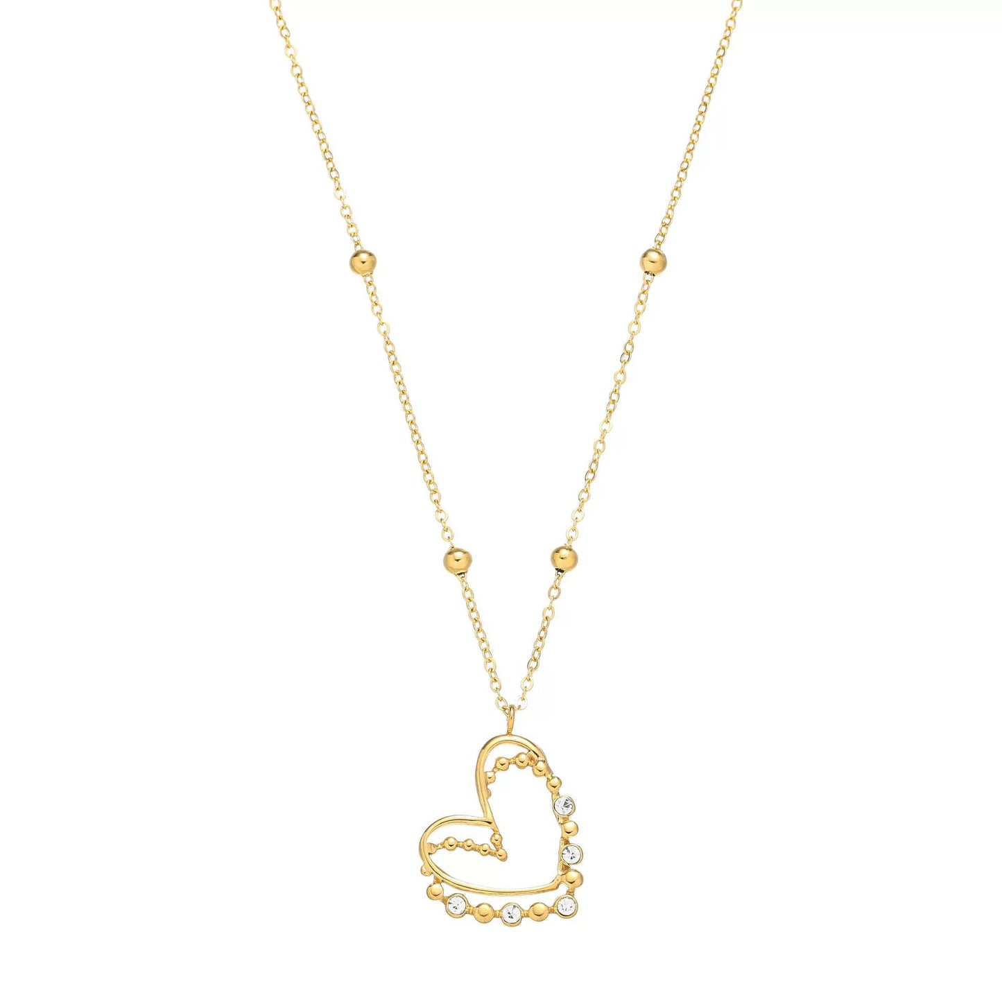 Stainless Steel Rhinestone Inlay Dual Heart Pendant Necklace / KN1017