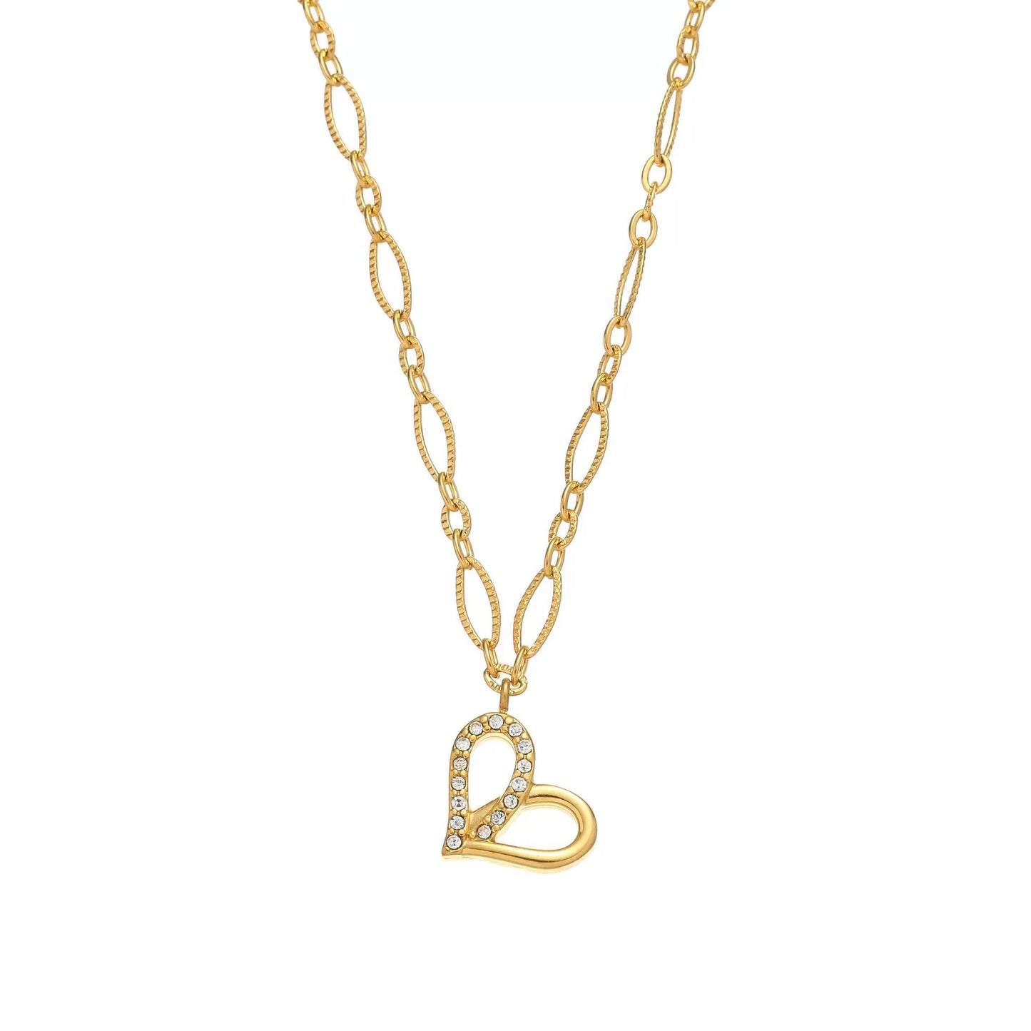 Stainless Steel Rhinestone Inlay Heart Pendant Necklace / KN1018
